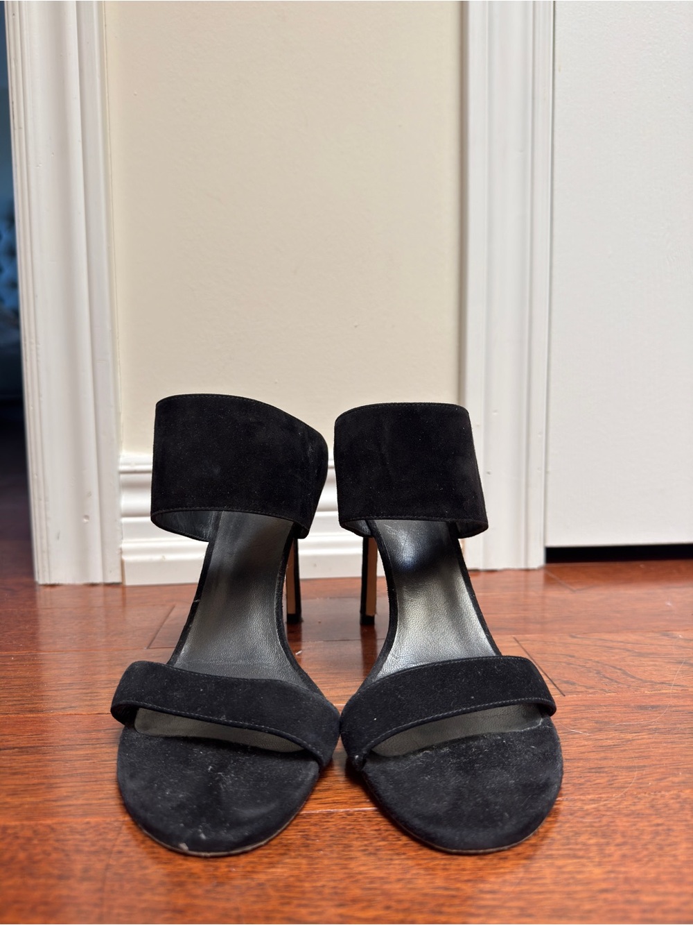 Stuart Weitzman Black Suede Two-Strap Stiletto Sandals